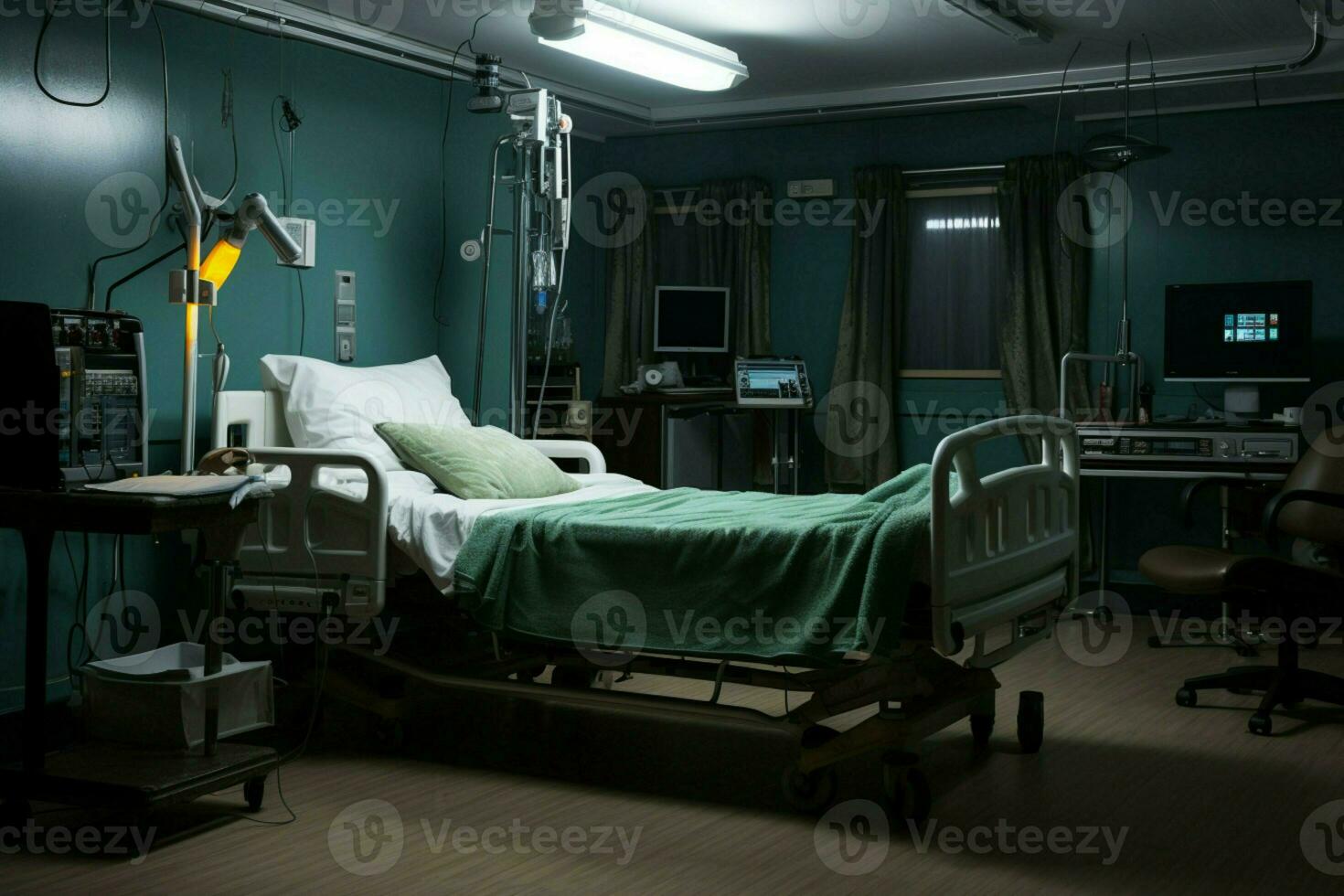 a desocupado hospital quarto contém uma solitário cama, desprovido do humano presença. ai gerado foto