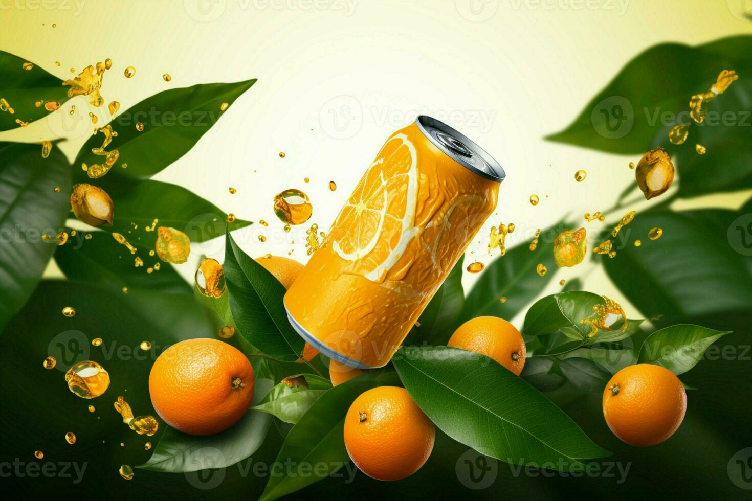 isolado alumínio laranja refrigerante pode no meio vôo, desfocando laranja fatias e folhas ai gerado foto