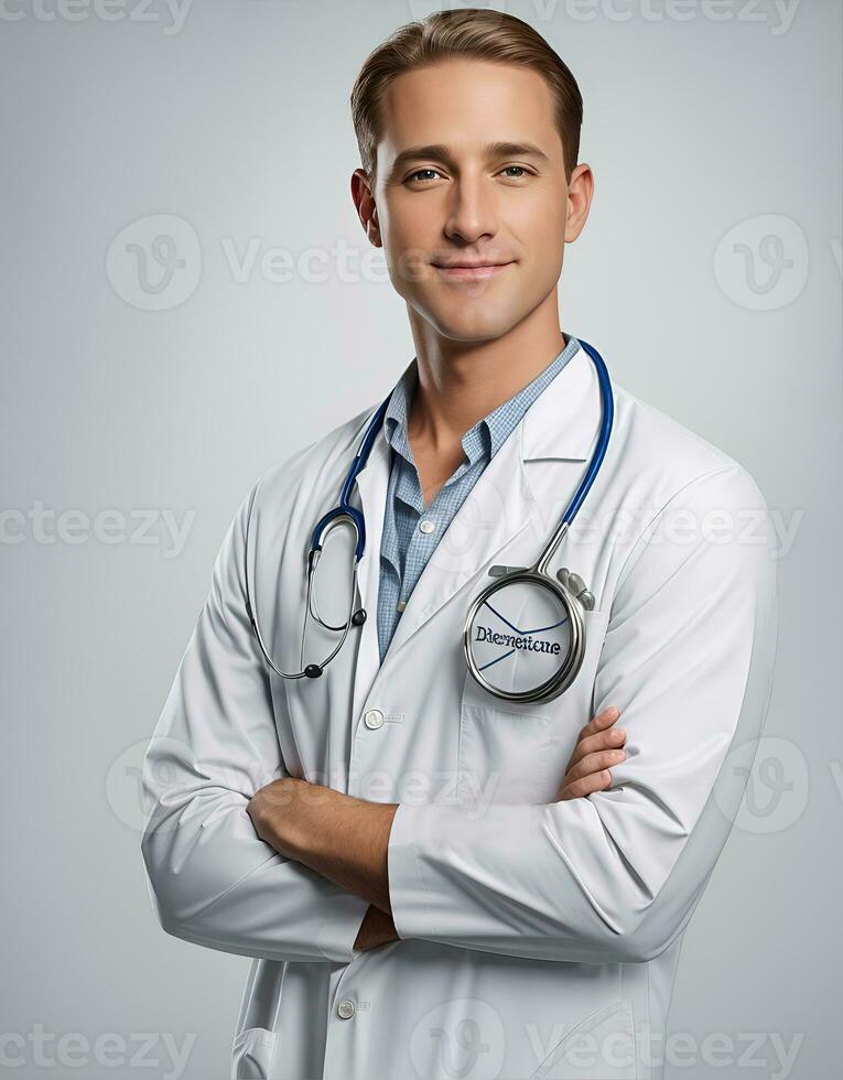 ai generativo, sorrindo masculino médico retrato. cuidados de saúde médico e remédio conceito. foto