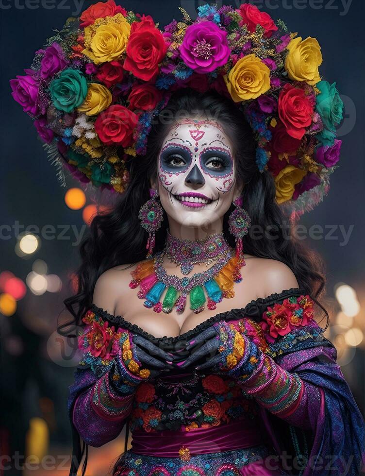 lindo mulher com pintado crânio em dela face para do méxico dia do a morto, ai generativo foto