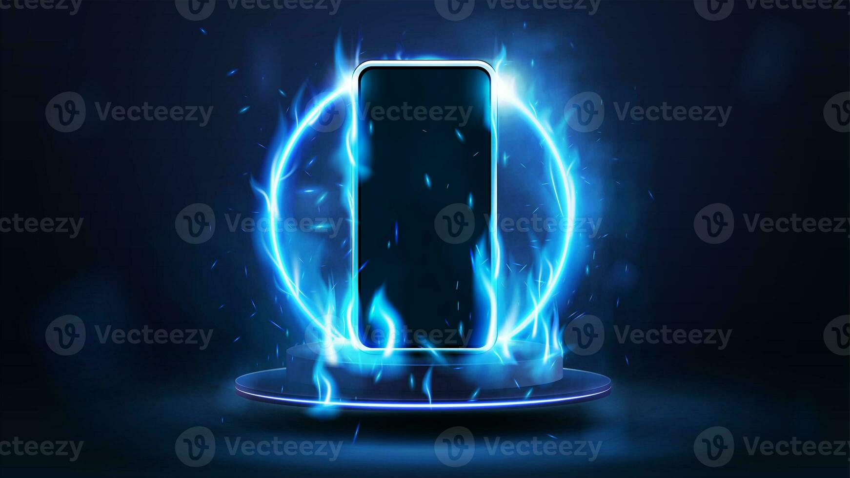 Smartphone em azul fogo em pódio flutuando dentro a ar com azul néon anel em fundo. foto