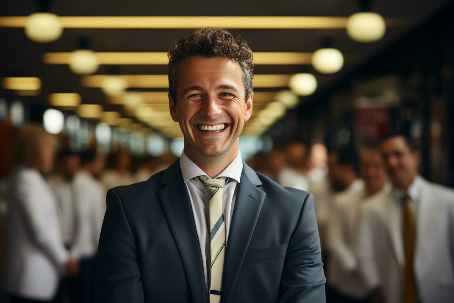 ai generativo grupo do feliz o negócio homem e o negócio mulheres, vestido dentro ternos estão sorridente, dentro a escritório foto