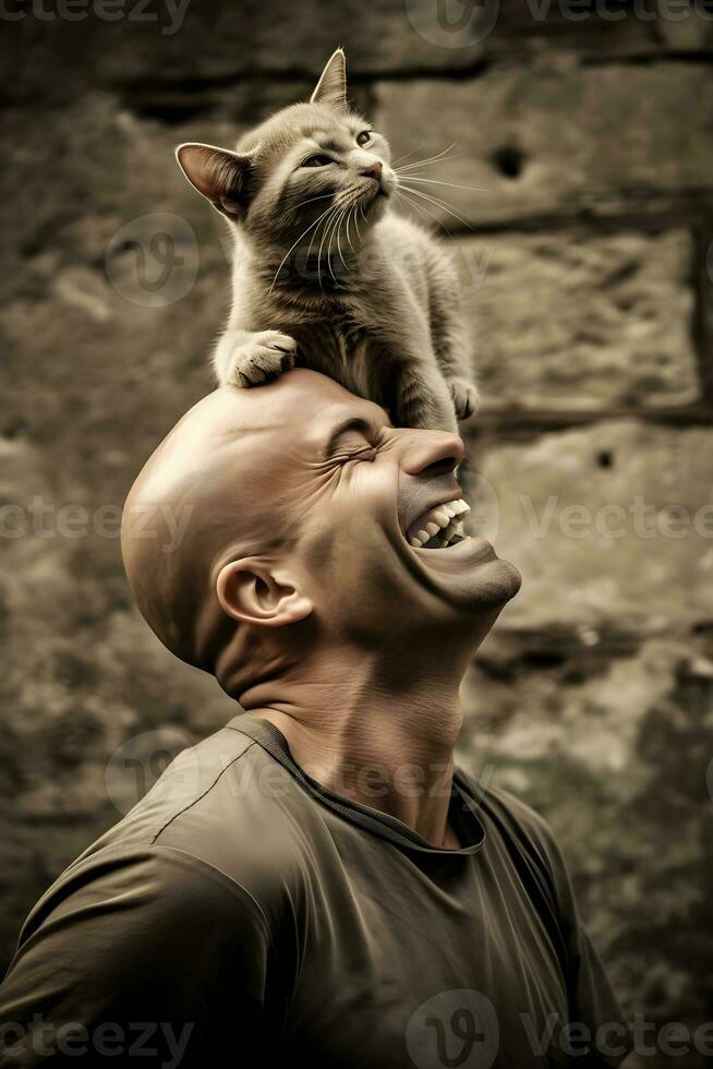 uma gatinho empoleirado em a cabeça do uma homem rindo alegremente ai gerado foto