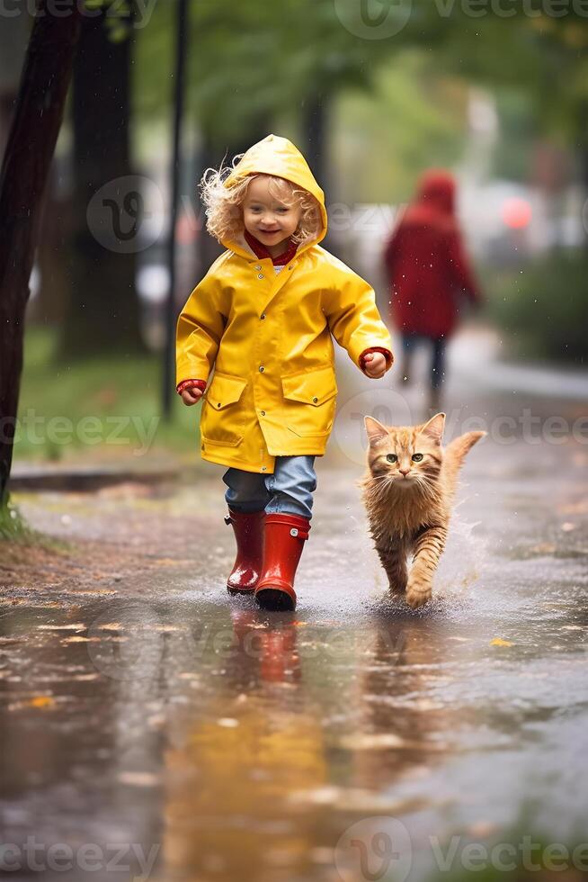 uma criança dentro uma capa de chuva jogando com uma gato em uma chuvoso dia ai gerado foto