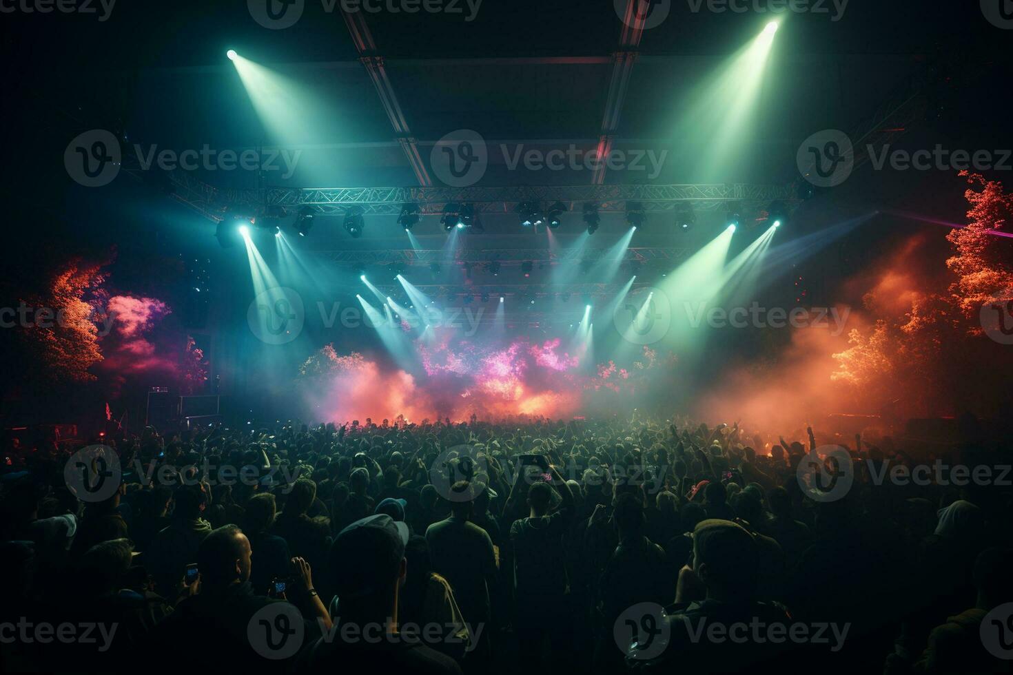 ai generativo lotado show etapa cenário com holofotes e colori luzes realista imagem, ultra hd foto