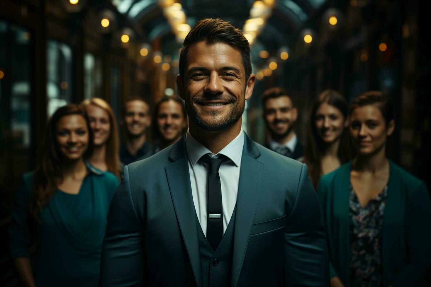 ai generativo grupo do feliz o negócio homem e o negócio mulheres, vestido dentro ternos estão sorridente, dentro a escritório foto