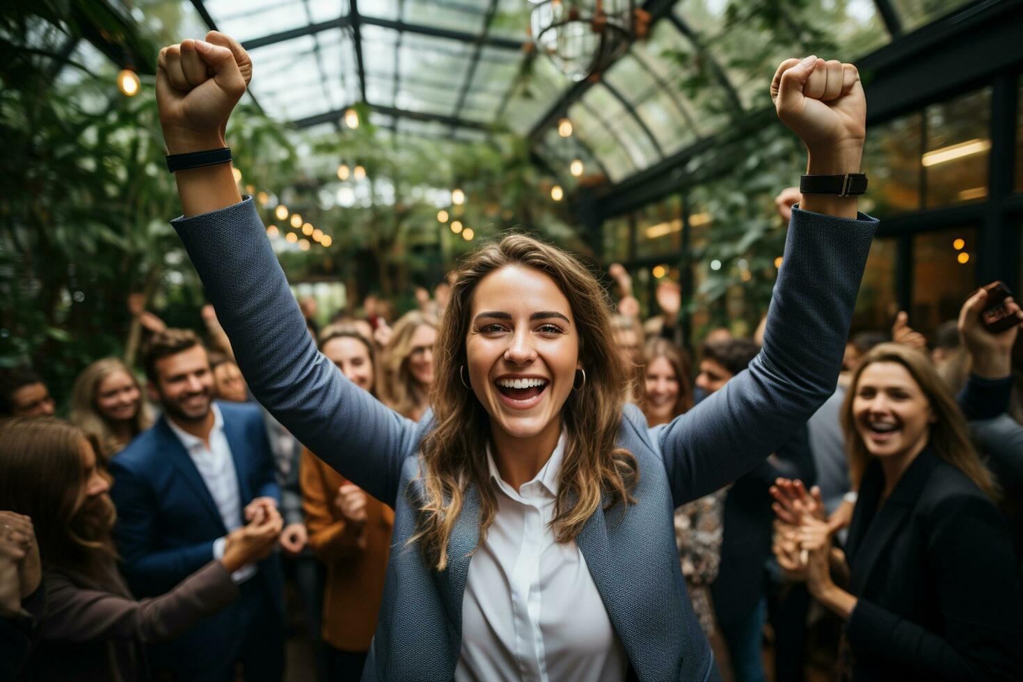 ai generativo grupo do feliz o negócio homem e o negócio mulheres, vestido dentro ternos estão sorridente, dentro a escritório foto