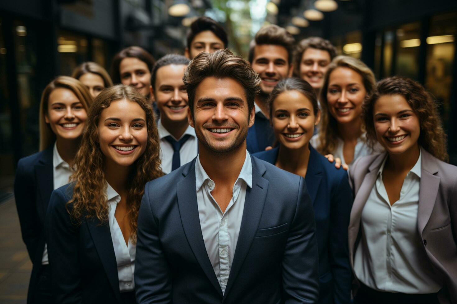 ai generativo grupo do feliz o negócio homem e o negócio mulheres, vestido dentro ternos estão sorridente, dentro a escritório foto