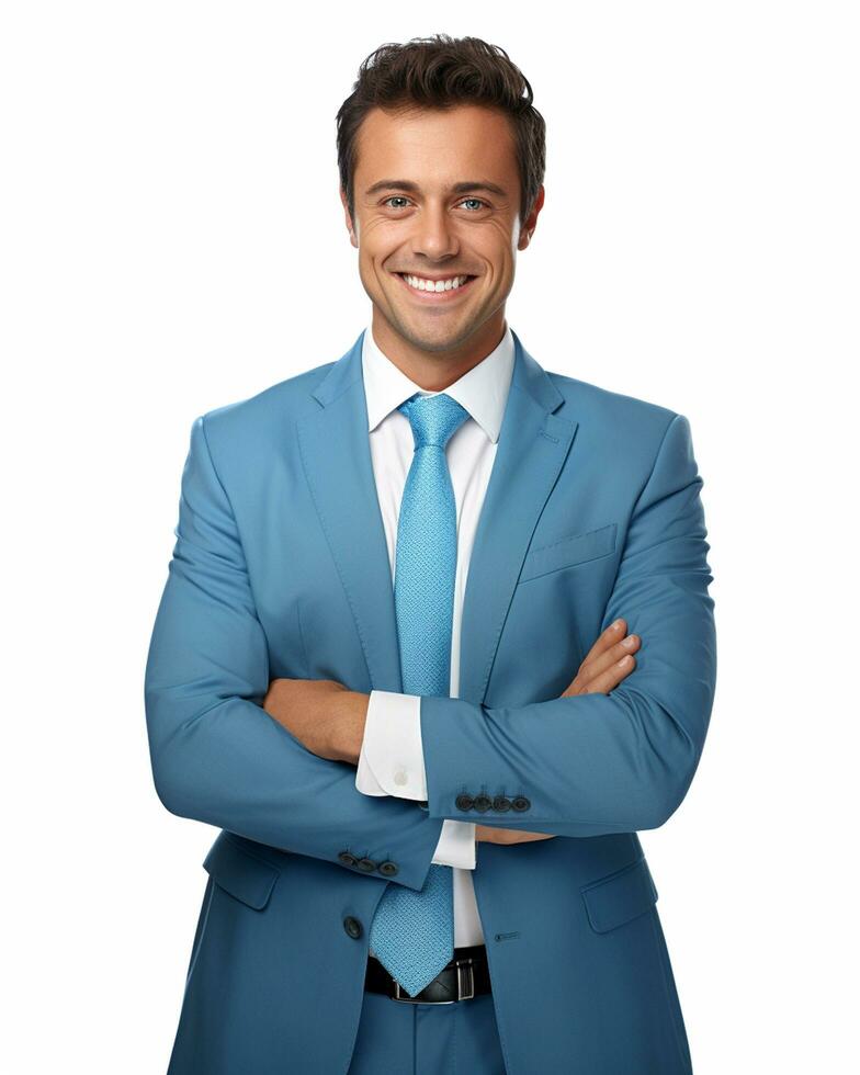 ai generativo foto feliz homem de negocios em pé com braços cruzado isolado em branco fundo