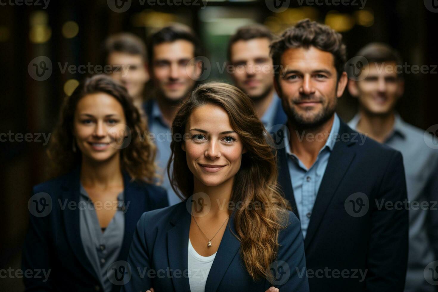 ai generativo grupo do feliz o negócio homem e o negócio mulheres, vestido dentro ternos estão sorridente, dentro a escritório foto