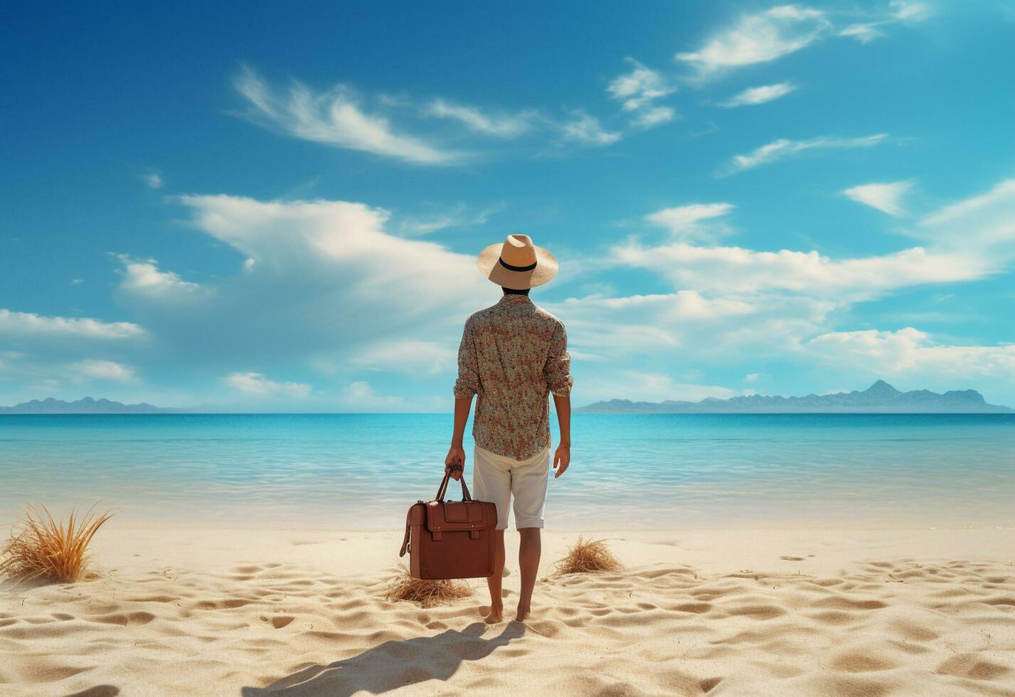 ai generativo costas Visão jovem turista homem dentro verão vestir e chapéu em pé em lindo arenoso de praia. desfrutando. foto