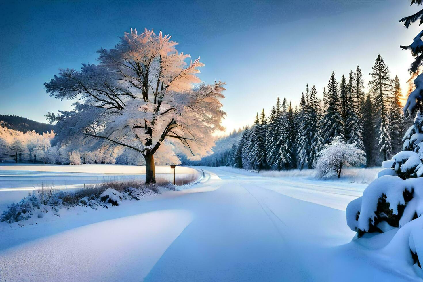 lindo Visão do Nevado árvores dentro inverno ai generativo foto
