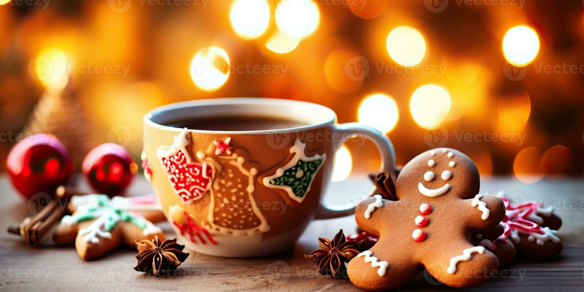 ai gerado. ai generativo. alegre Natal natal Novo ano Pão de gengibre doce biscoitos com chocolate cacau café em de madeira mesa brincar decoração. gráfico arte foto