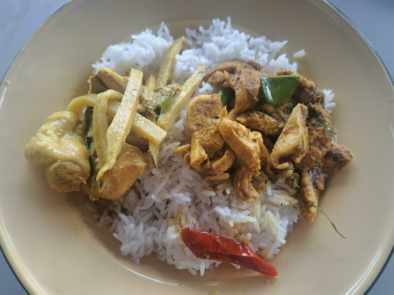 tailandês rua Comida arroz e Curry ,verde Curry com frango e frito frango coxa com vermelho Curry foto