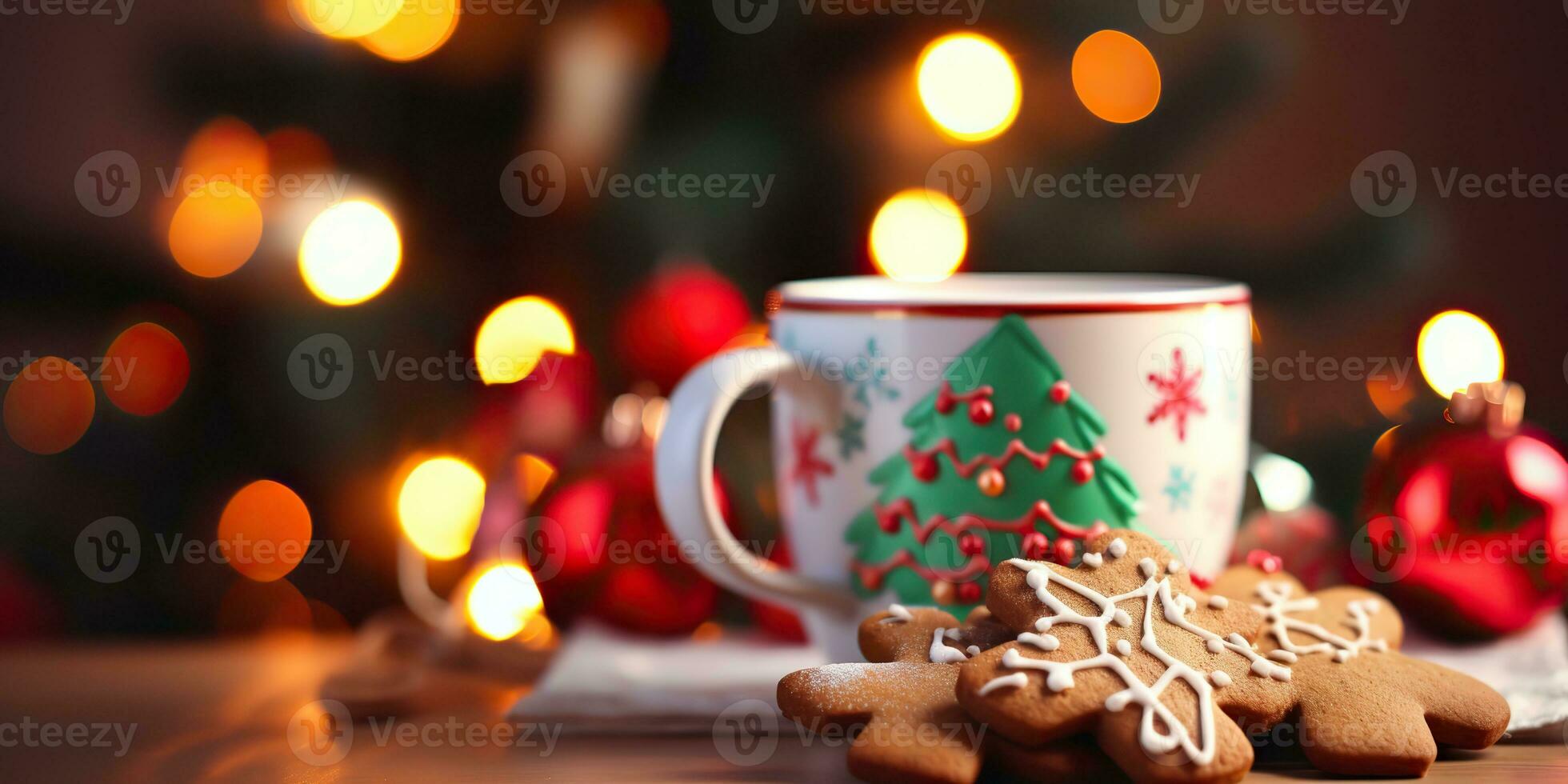 ai gerado. ai generativo. alegre Natal natal Novo ano Pão de gengibre doce biscoitos com chocolate cacau café em de madeira mesa brincar decoração. gráfico arte foto