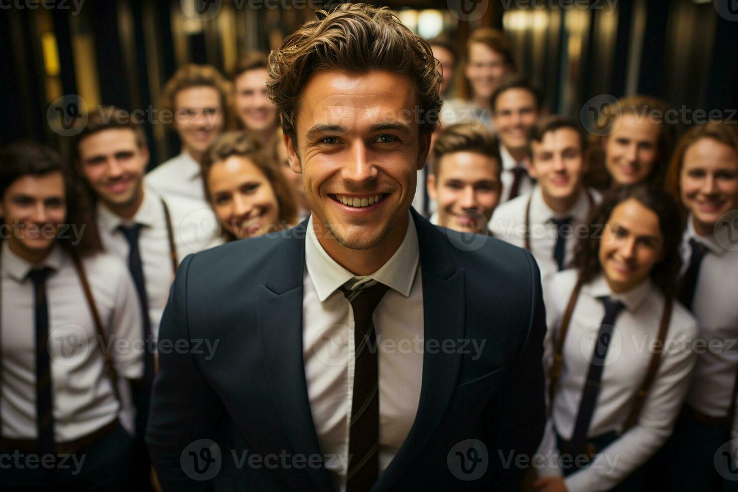ai generativo grupo do feliz o negócio homem e o negócio mulheres, vestido dentro ternos estão sorridente, dentro a escritório foto