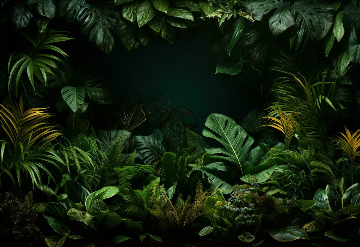 ai generativo lindo selva fundo com fronteira fez do tropical folhas pano de fundo com cópia de espaço foto