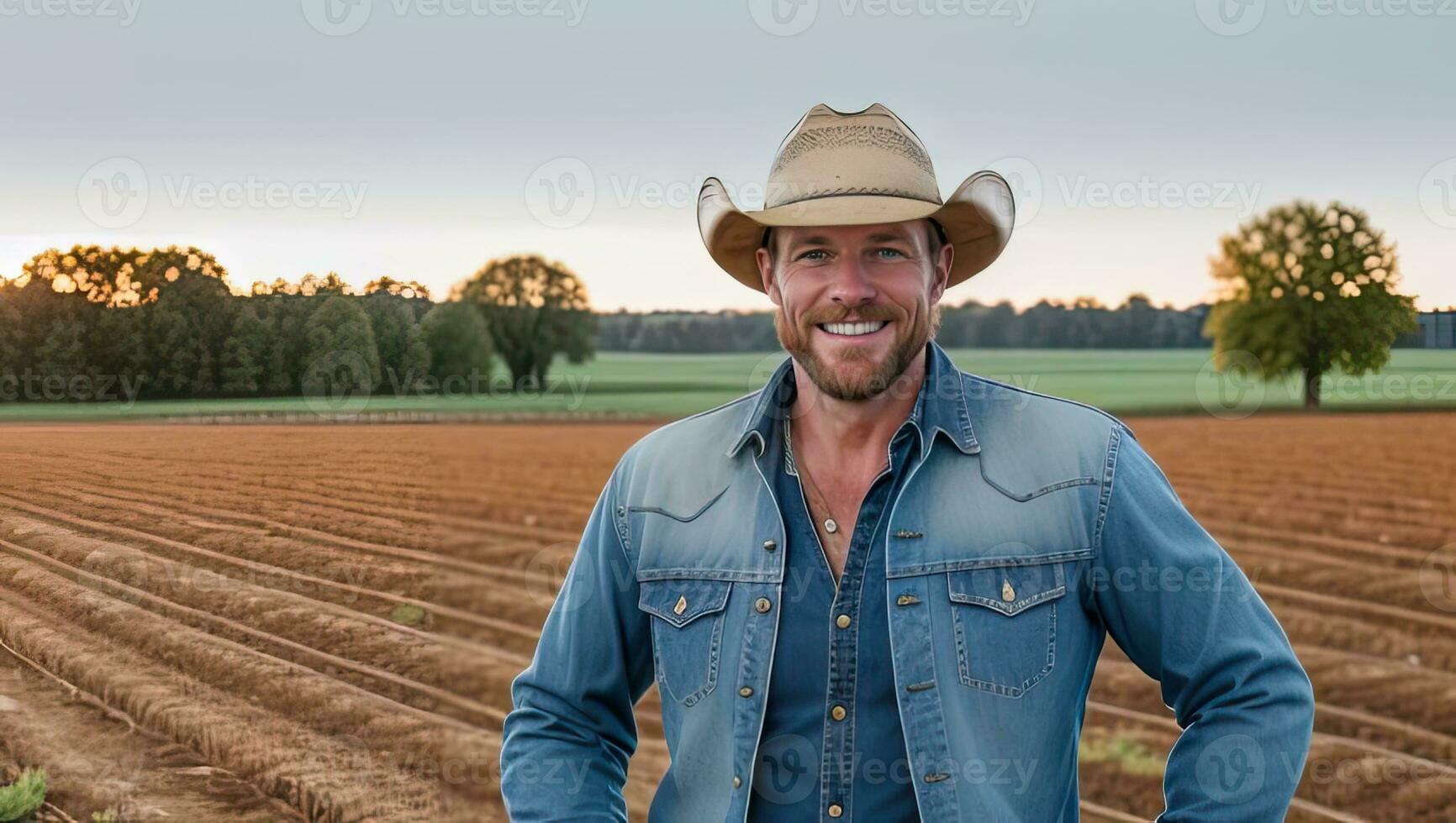 homem agricultor dentro vaqueiro chapéu e jeans jeans terno às agrícola campo. generativo ai foto