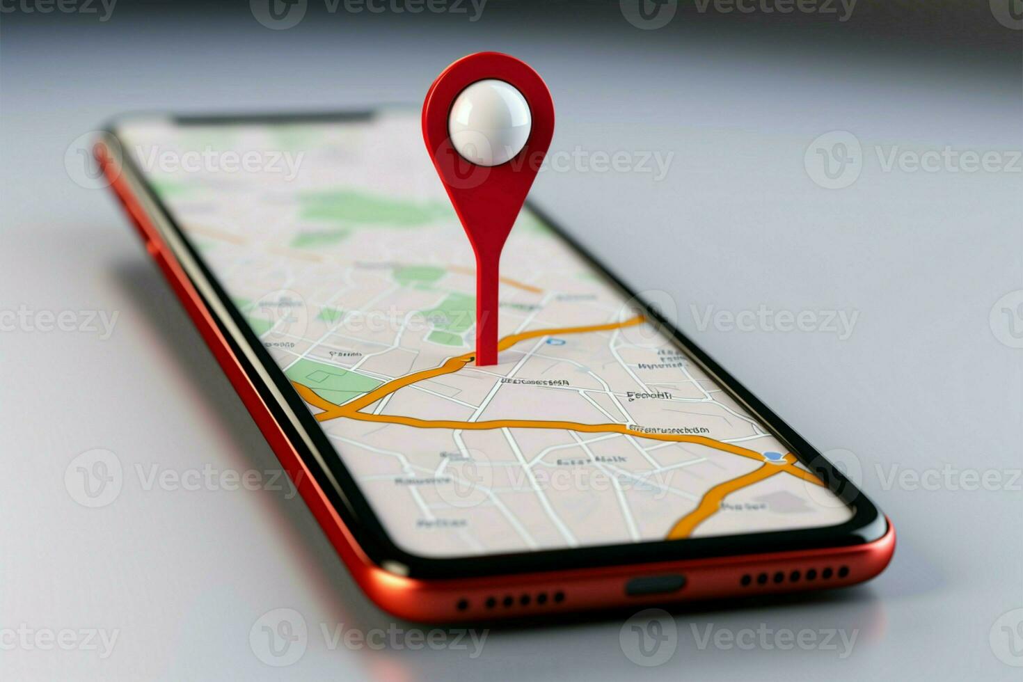 vermelho mapa PIN ícone exibido em 3d rendido Smartphone tela ai gerado foto