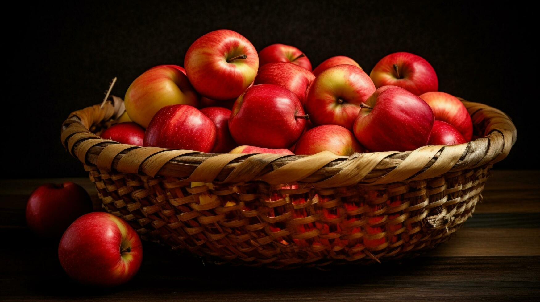 uma vime cesta preenchidas com vermelho e amarelo maçãs, generativo ai foto