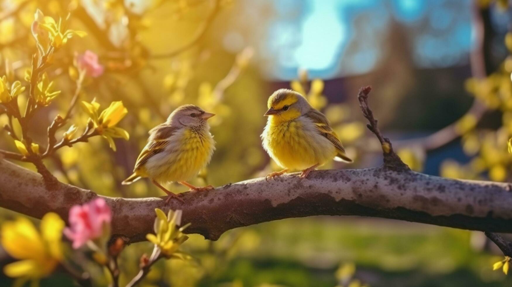 dois pequeno amarelo pássaros empoleirado em uma árvore filial, generativo ai foto