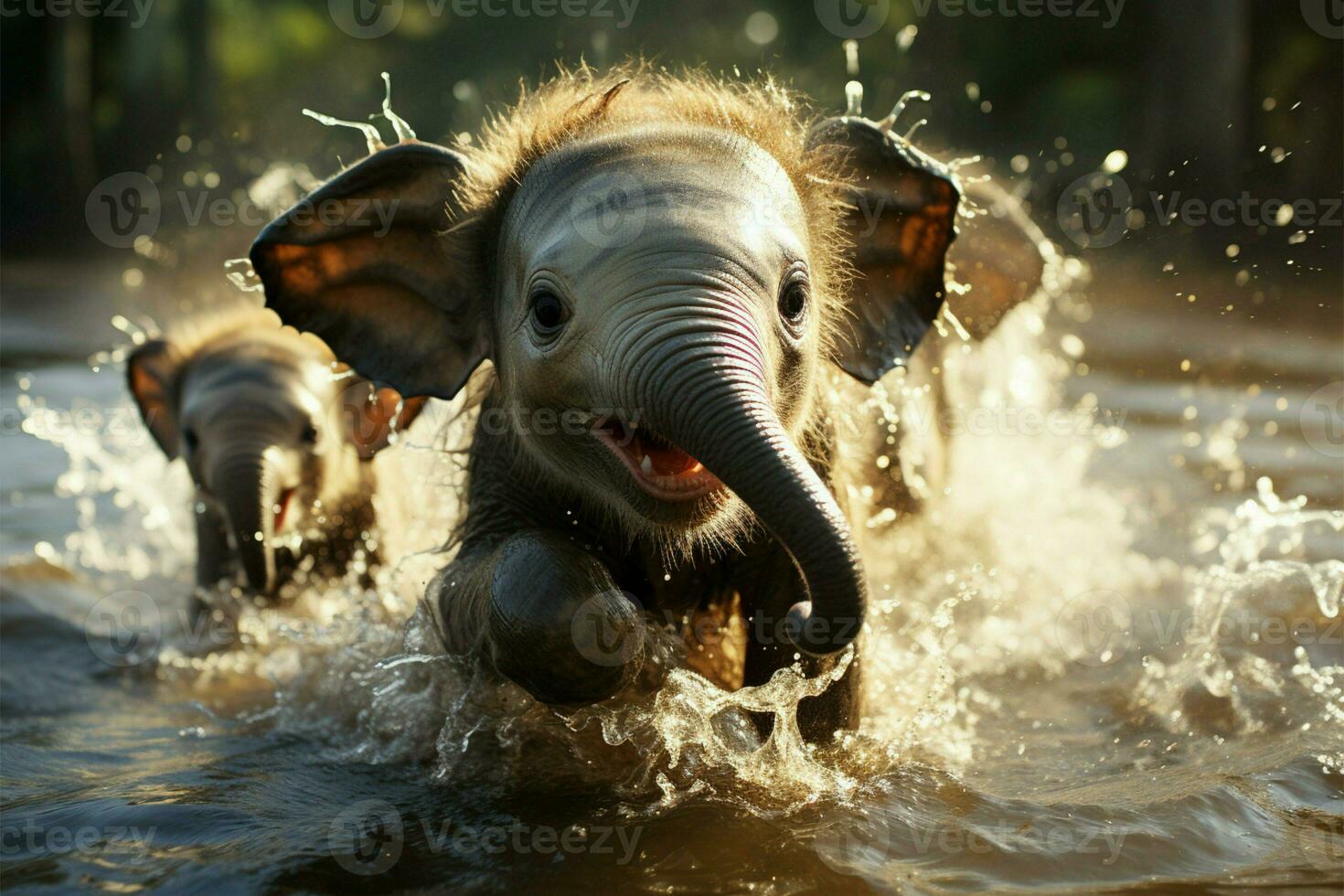 dentro uma aguado Parque infantil, jovem elefantes exuberância brilha através alegre salpicos ai gerado foto