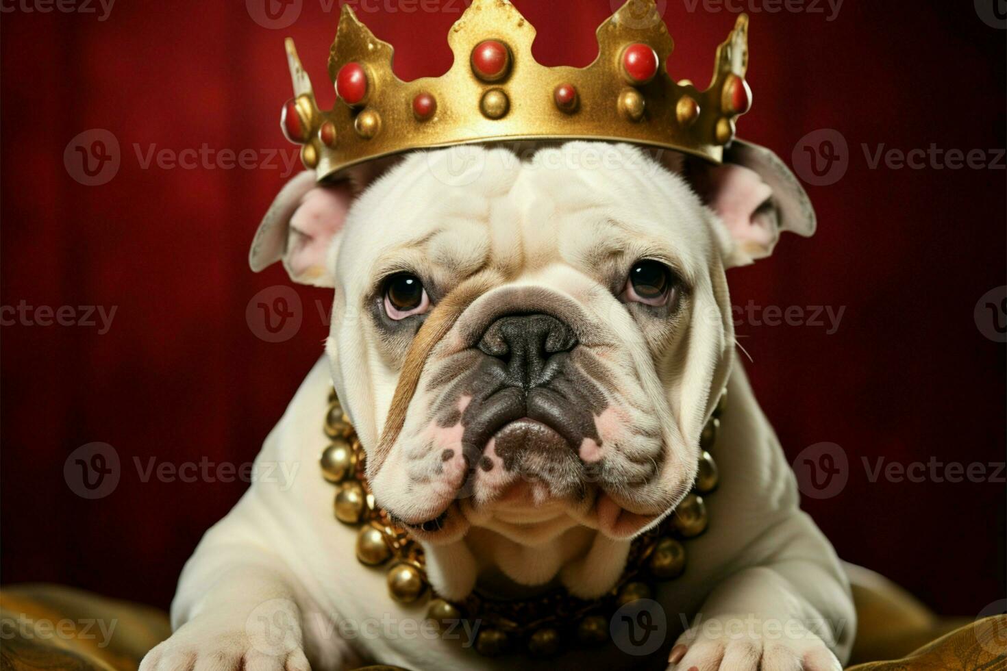 adorável buldogue cachorro dentro vermelho veludo, coroado com elegante ouro ai gerado foto