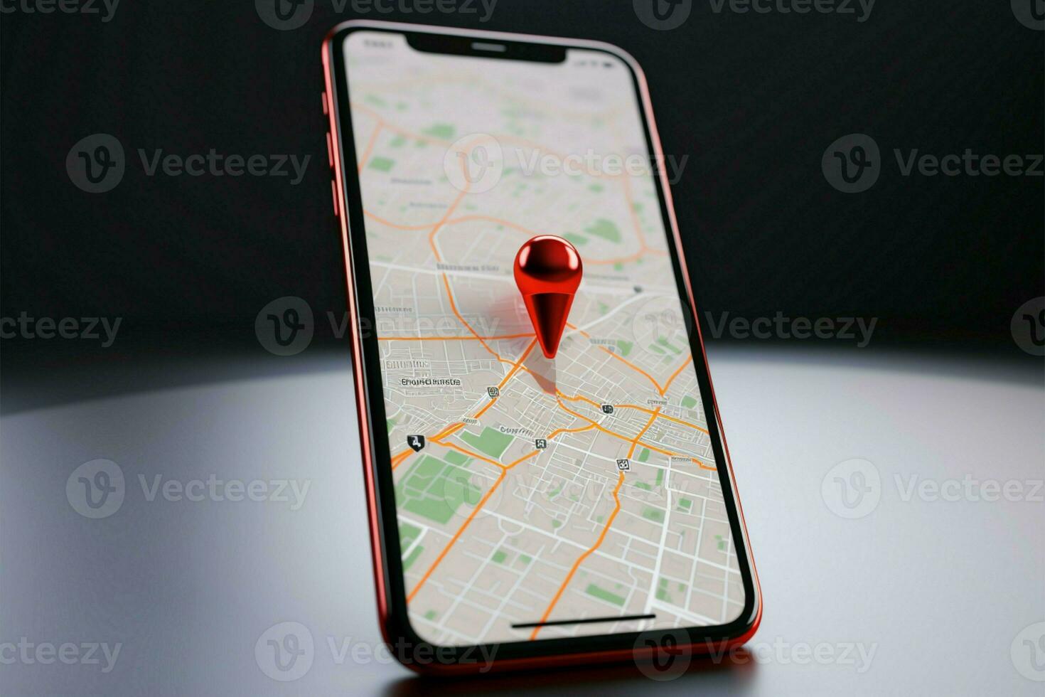 Smartphone tela vazio, 3d render características vermelho mapa ícone ai gerado foto