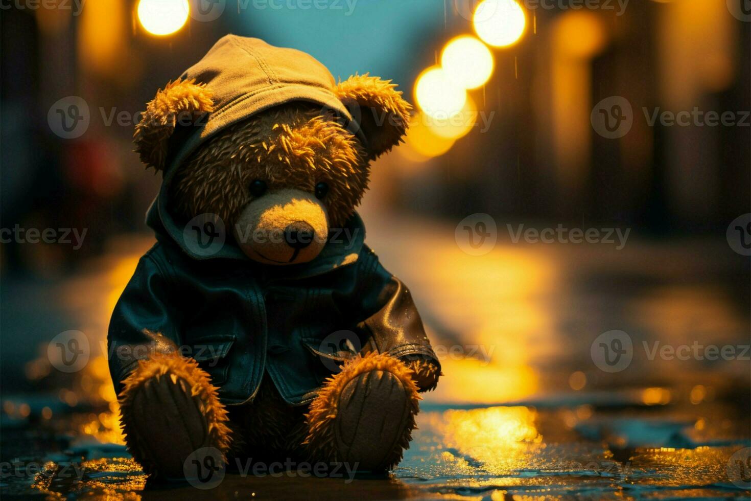 choroso cena, Urso de pelúcia Urso resiste chuva, solidão em noite rua ai gerado foto
