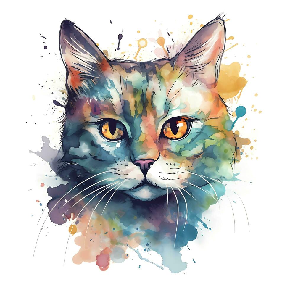 aguarela pintura colorida gato face é mostrando branco fundo foto