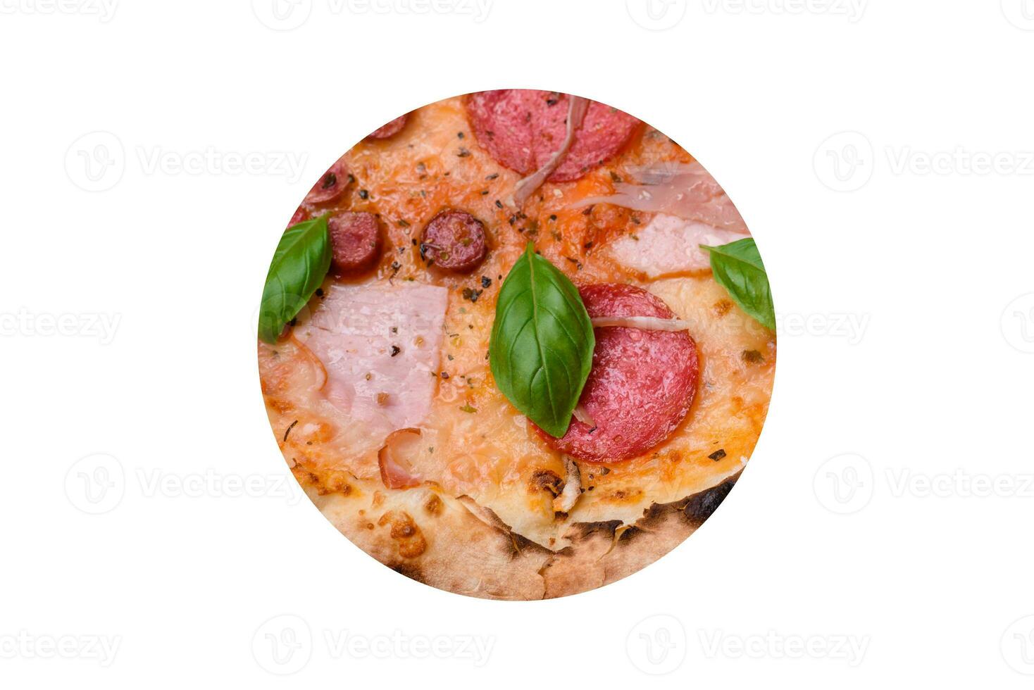 delicioso fresco forno cozido pizza com salame, carne, queijo, tomates foto