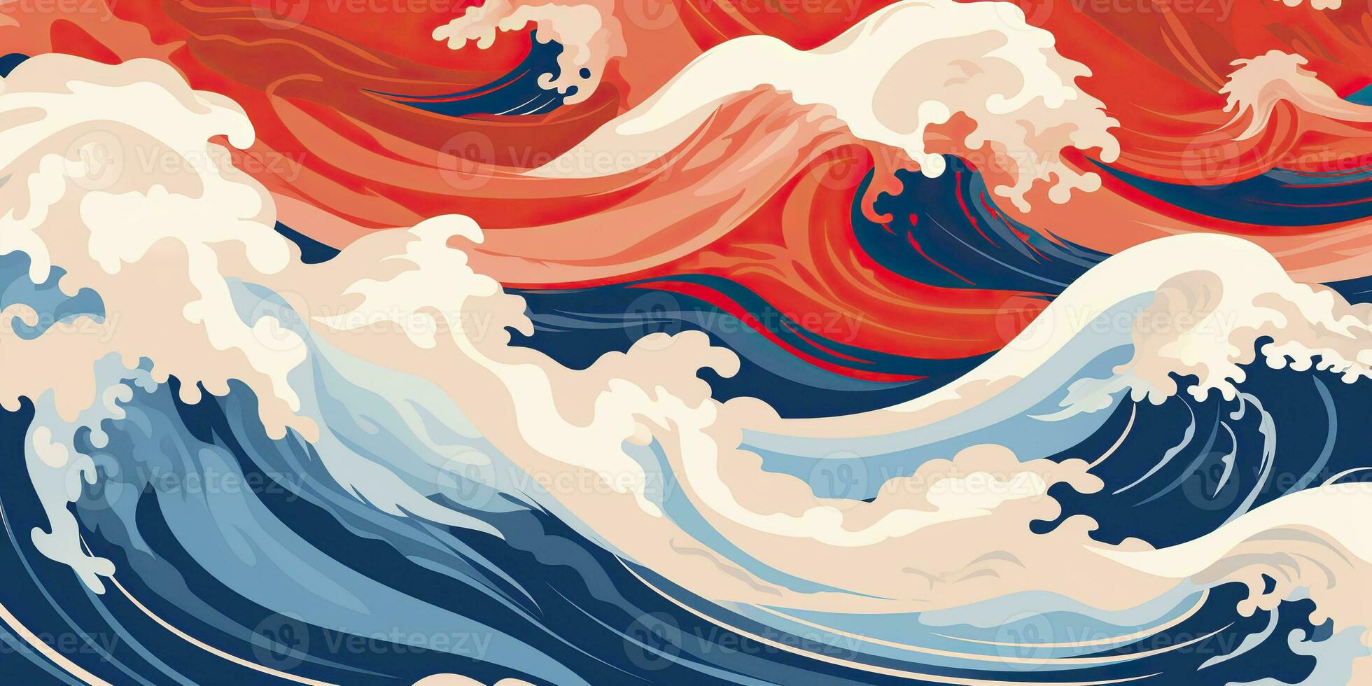 ai gerado. ai generativo.vintage retro velho estilo desenhado pintura mar oceano rio água ondas dentro mínimo japonês estilo. marinho e náutico ilustração. gráfico arte foto