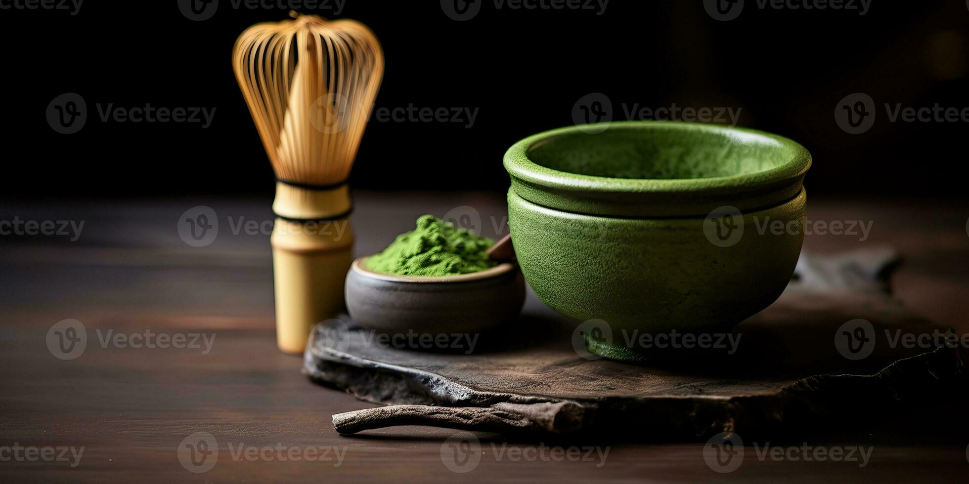 ai gerado. ai generativo. tradicional japonês ásia matcha chá cerimônia. tigela, de madeira seco orgânico colher pó. gráfico arte foto