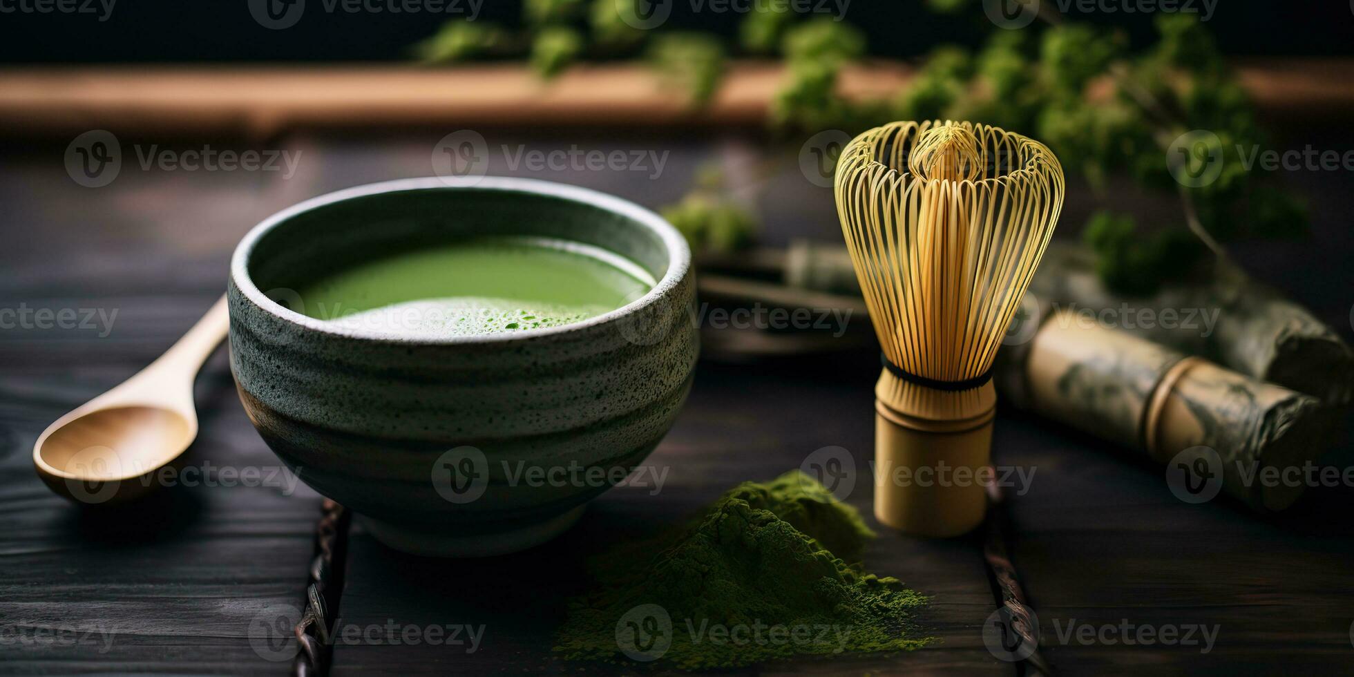 ai gerado. ai generativo. tradicional japonês ásia matcha chá cerimônia. tigela, de madeira seco orgânico colher pó. gráfico arte foto