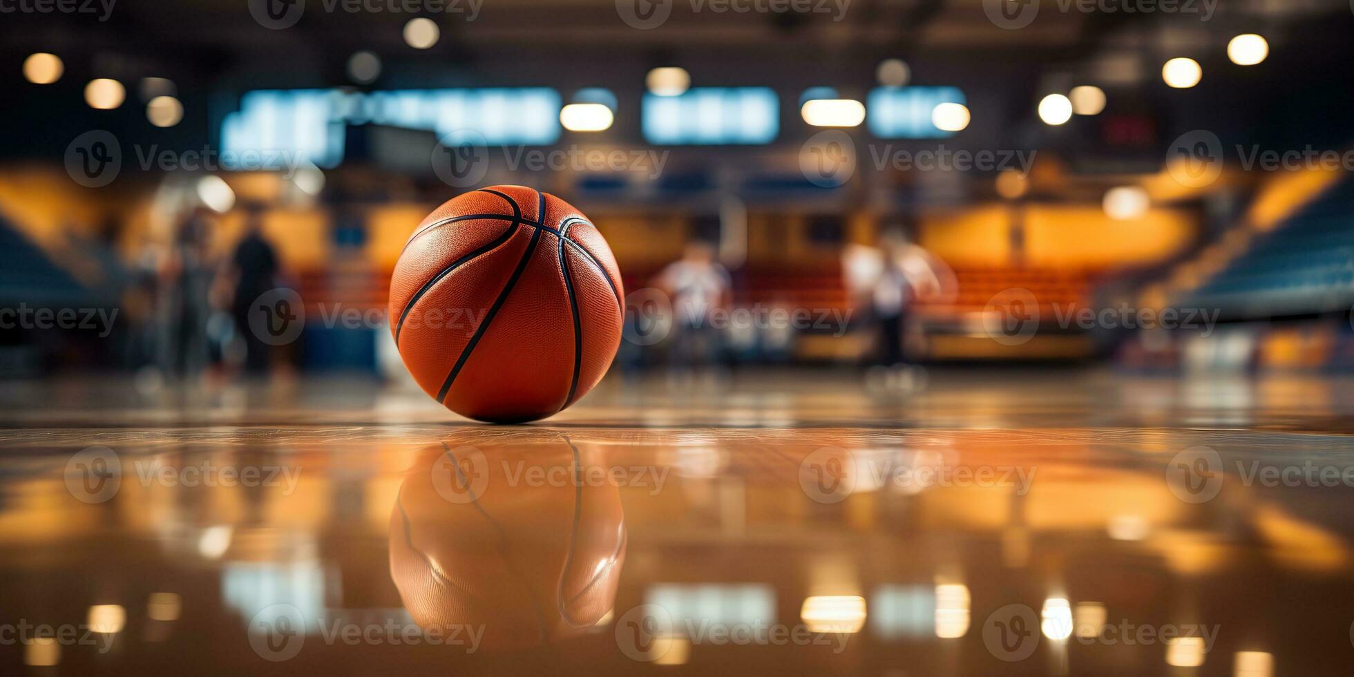 ai gerado. ai generativo. basquetebol jogos esporte arena estádio quadra em Holofote com cesta bola em chão. gráfico arte foto