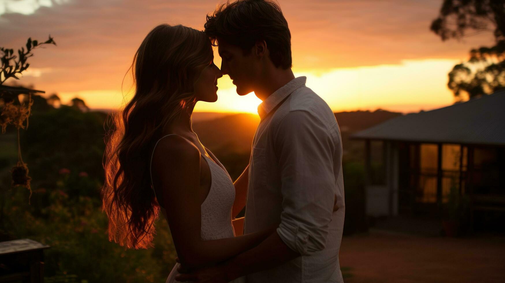 casal partilha uma beijo dentro frente do pôr do sol foto