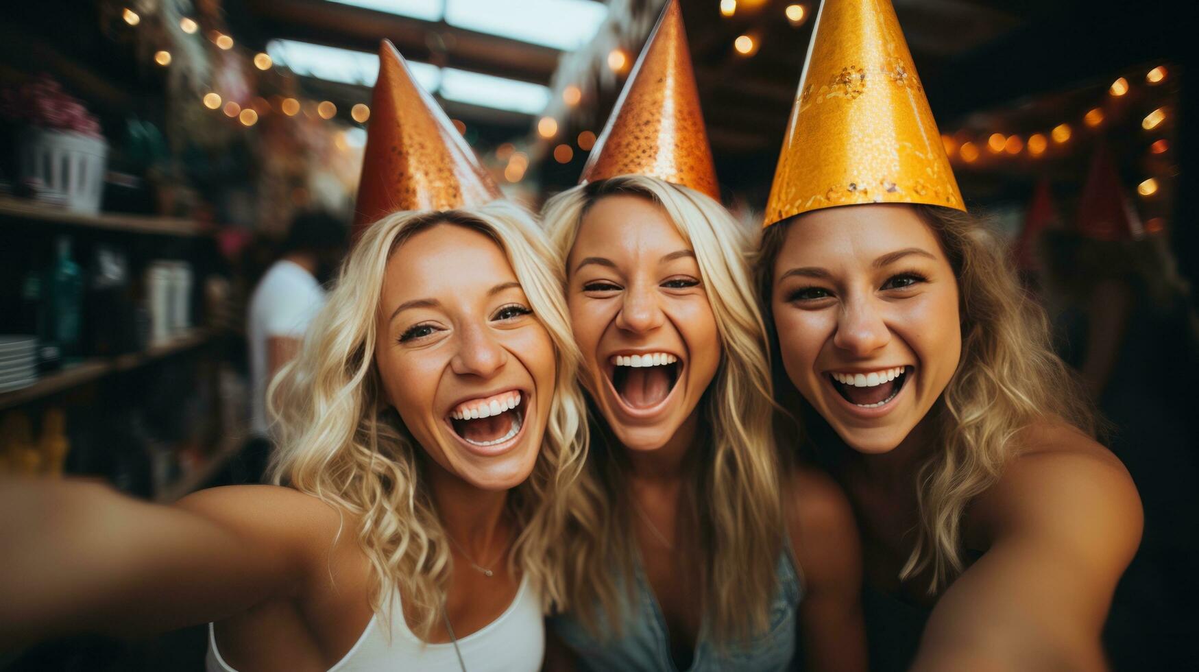 amigos levando uma selfie com festa chapéus foto