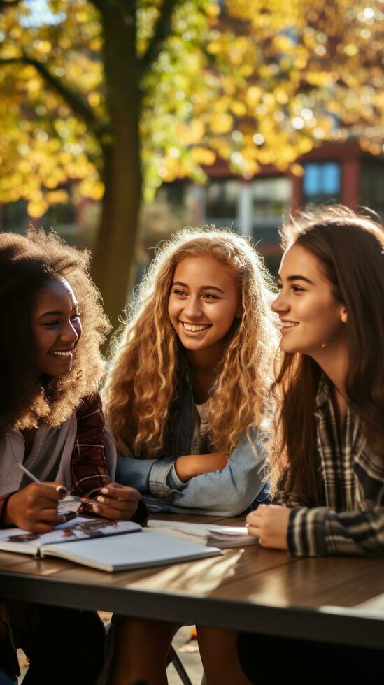 diverso grupo do alunos estudando juntos ao ar livre foto