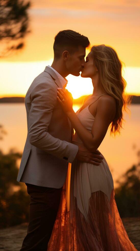 casal partilha uma beijo dentro frente do pôr do sol foto