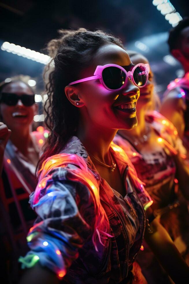 pessoas dançando com brilhando néon acessórios foto