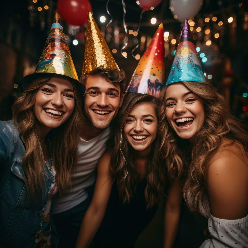 amigos levando uma selfie com festa chapéus foto