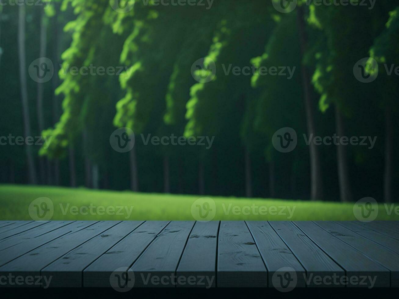 de madeira mesa e borrão tropical verde Relva fundo, produtos exibição montagem. Alto qualidade foto 8k fhd ai gerado