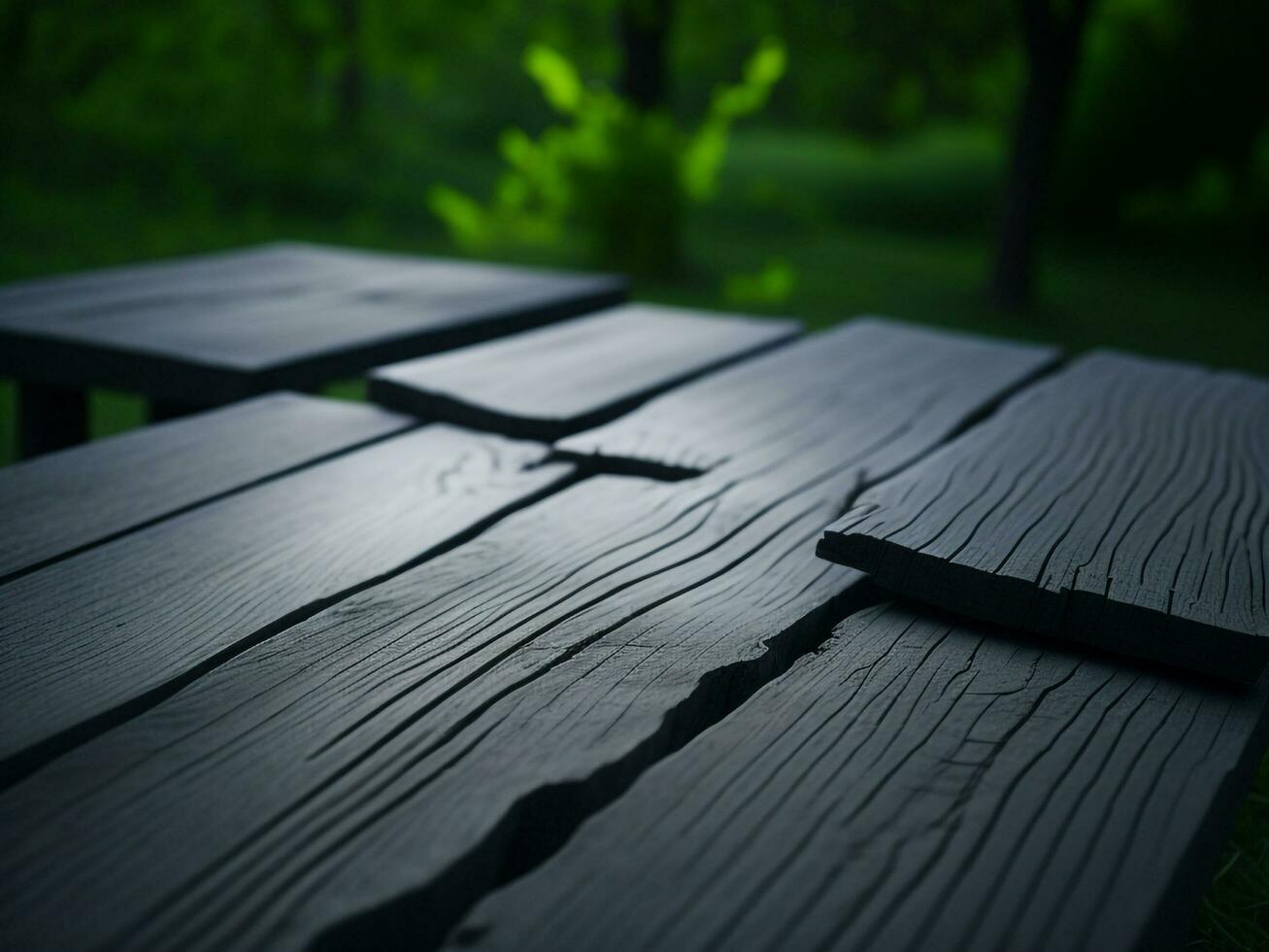 de madeira mesa e borrão tropical verde Relva fundo, produtos exibição montagem. Alto qualidade foto 8k fhd ai gerado