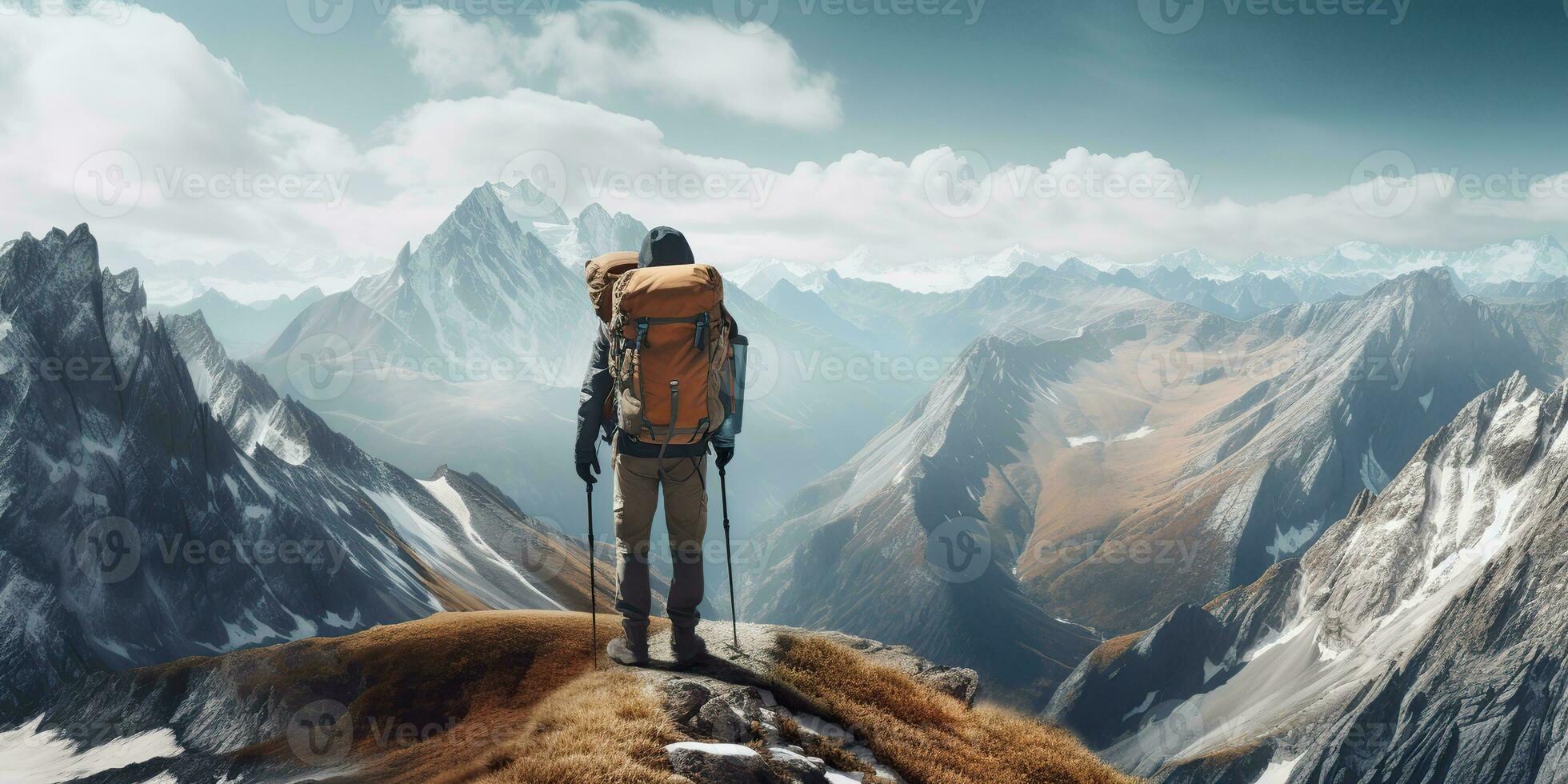 ai gerado. ai generativo. mochileiro sozinho homem às Alto pico montanha aventura ao ar livre natureza inspiração fundo. gráfico arte foto