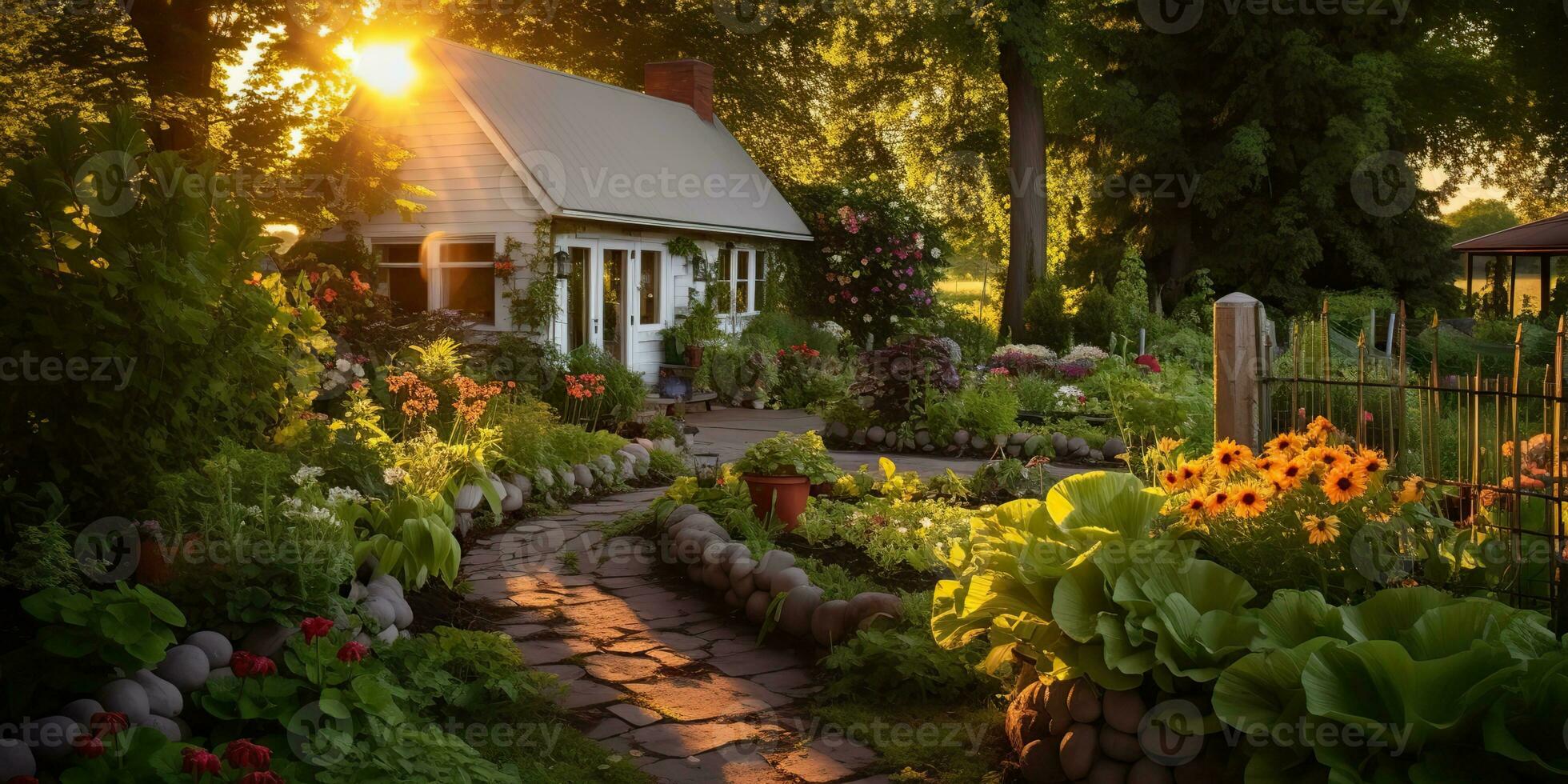 ai gerado. ai generativo. natureza ao ar livre exterior casa jardim com acolhedor mesa com muitos plantas flores gráfico arte foto