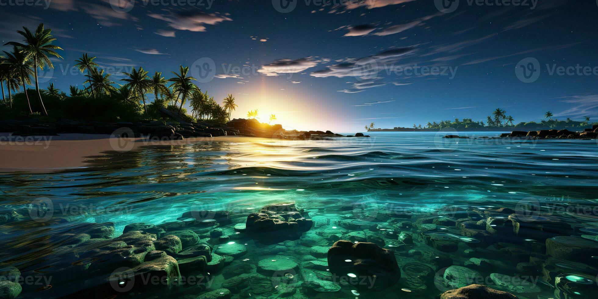 ai gerado. ai generativo. noite brilhando luz brilho plâncton mar oceano fundo. marinho náutico período de férias ilha. gráfico arte foto