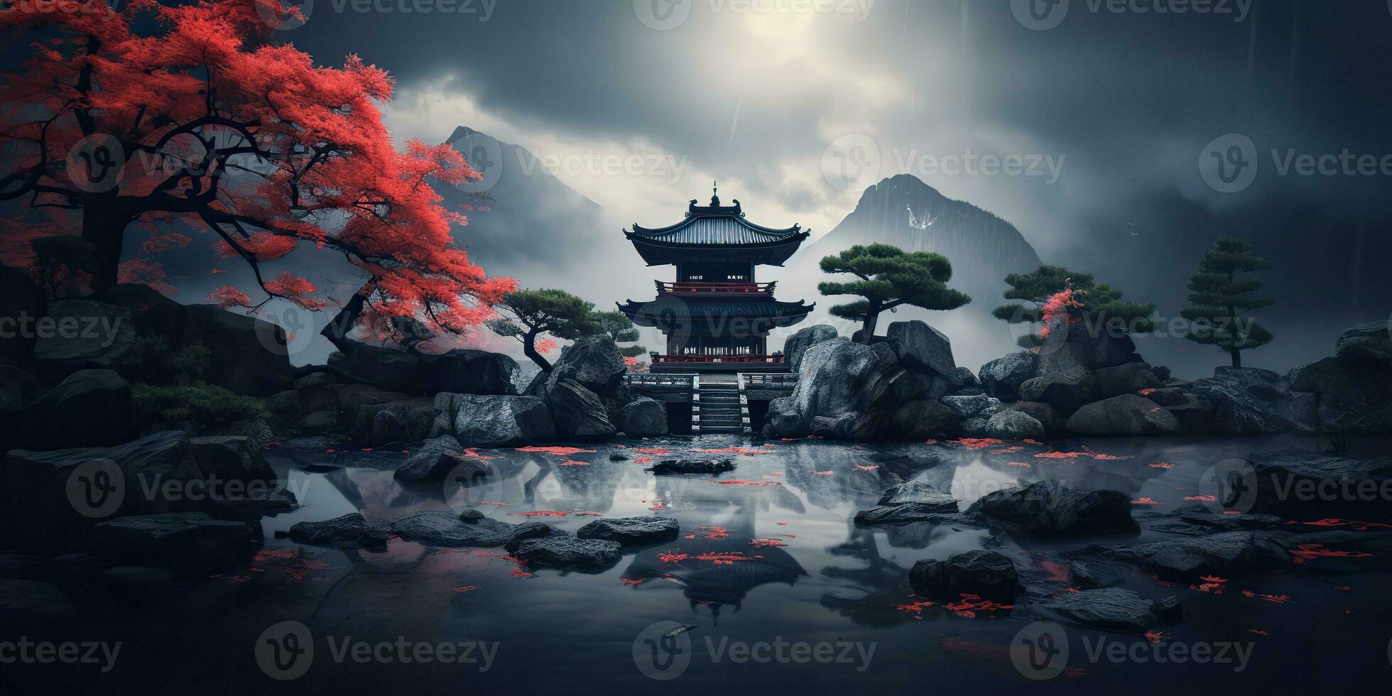 ai gerado. ai generativo. tradicional história ásia japonês chinês têmpora construção torre jardim natureza ao ar livre fundo. gráfico arte foto