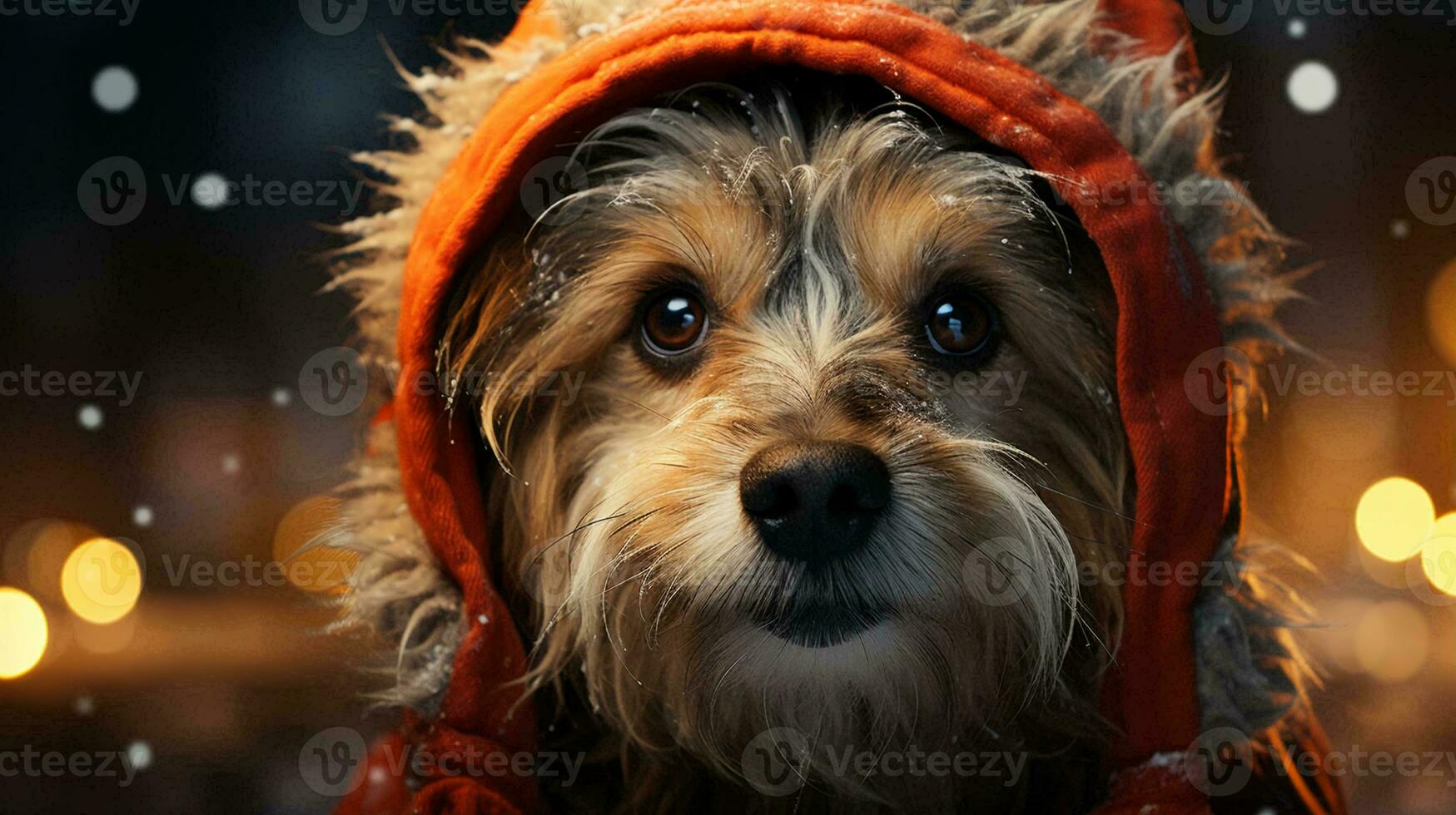 uma pequeno cachorro dentro uma caloroso chapéu dentro inverno debaixo a neve com uma borrado fundo para a Novo ano e Natal feriado foto