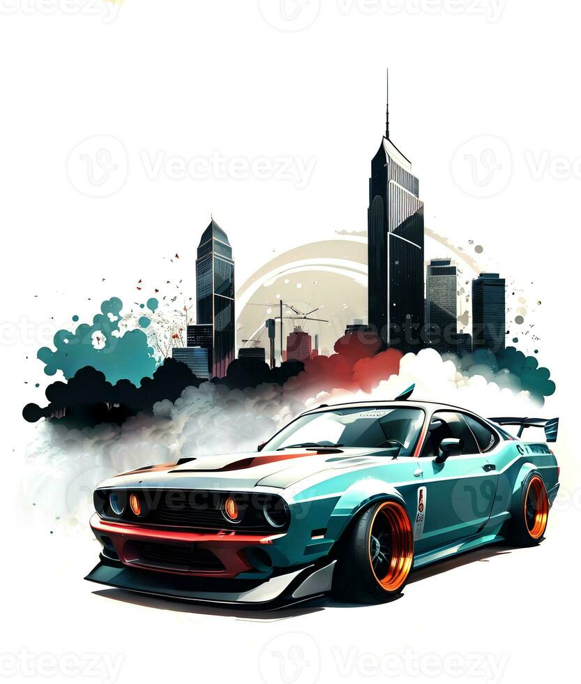 corrida carro com tinta estilo digital pintura em esboço para camiseta imprimir. generativo ai foto