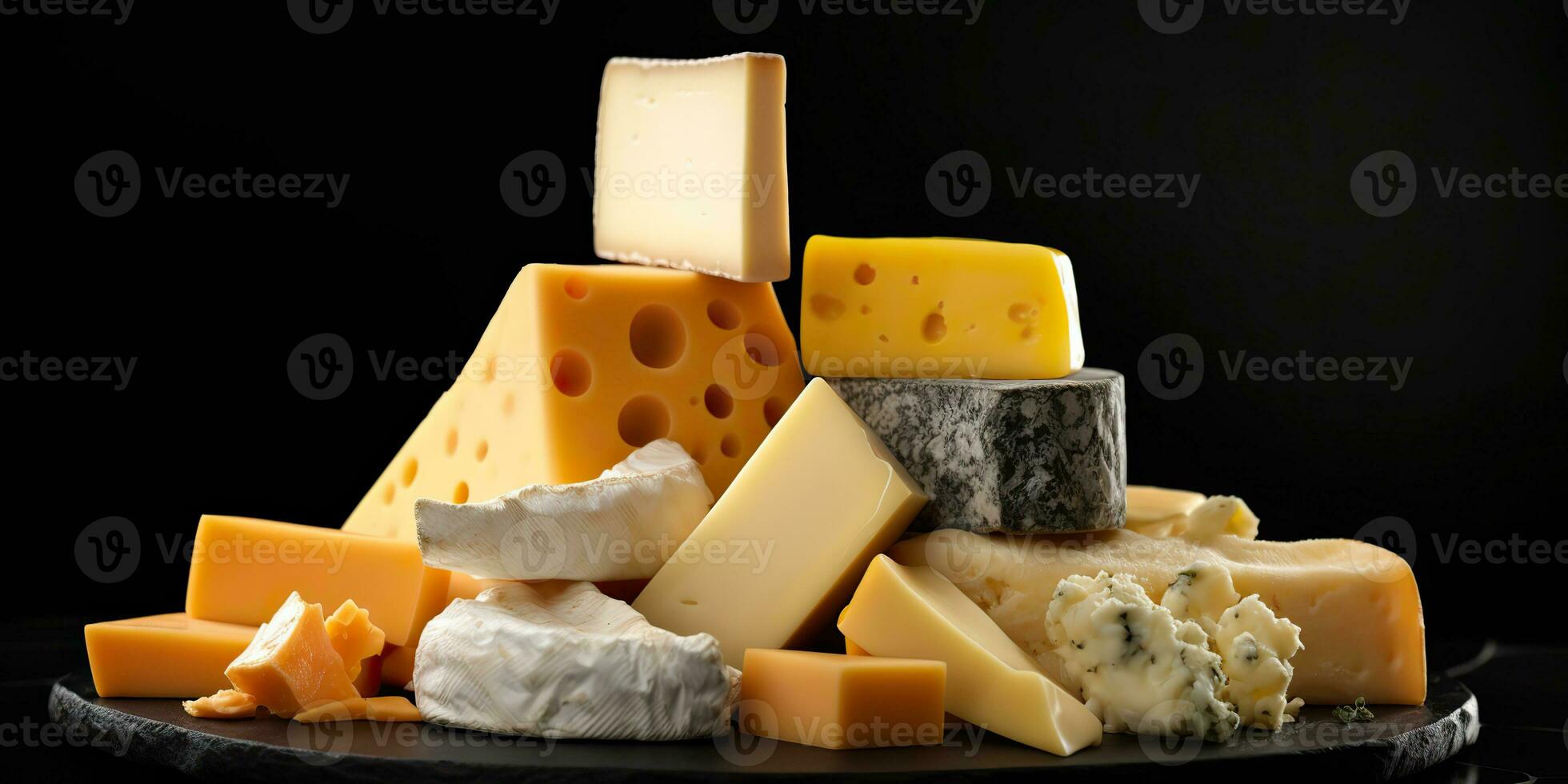 ai gerado. ai generativo. diferente queijo partes em Preto fundo zombar acima. gráfico arte foto